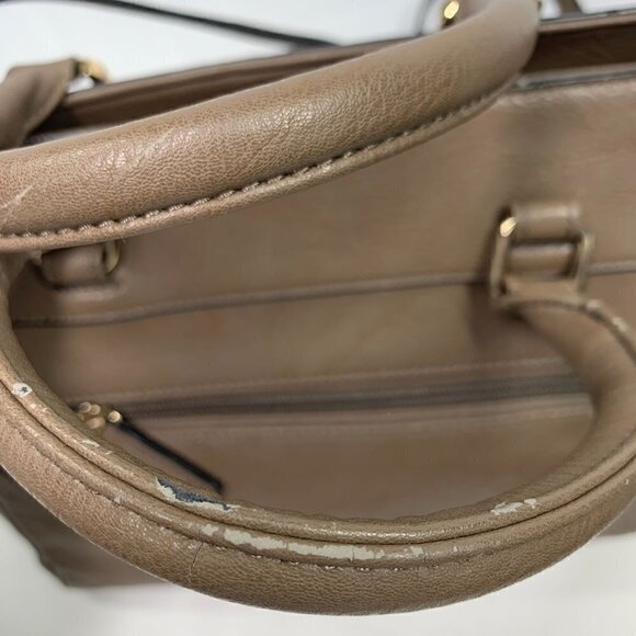 MODA LUXE Faux Leather Satchel with Tassel Brown/Gold Polka Dot Lining - Picture 8 of 12